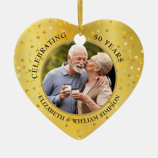 50ste huwelijksjubileum 2 foto's gouden harten keramisch ornament (Voorkant)
