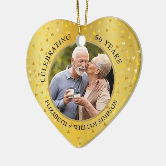 50ste huwelijksjubileum 2 foto's gouden harten keramisch ornament (Links)