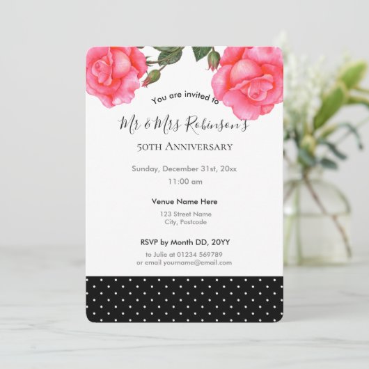 50ste huwelijksjubileum aquarel roze roos kaart (Staand voorkant)