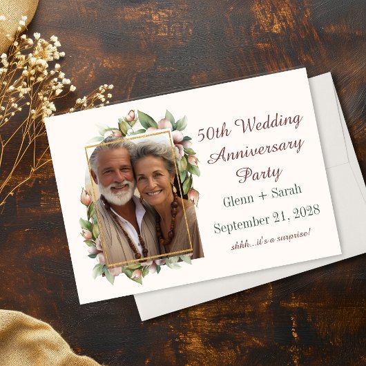 50ste huwelijksjubileum Boho bloemboog foto Save The Date