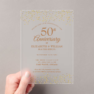 50ste huwelijksjubileum confetti goudstof acryl uitnodigingen