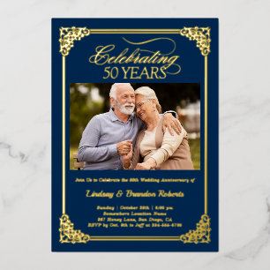 50ste Huwelijksjubileum Foto Blauw Goud Folie Uitnodiging
