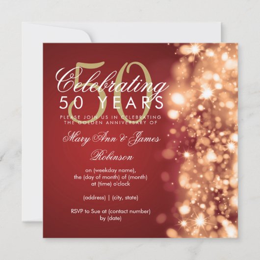 50ste huwelijksjubileum Glam Glitters Goud & Rood Kaart (Voorkant)