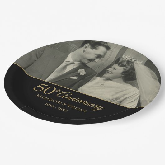 50ste Huwelijksjubileum Goud Zwart Foto Papieren Bordje (Gekanteld)