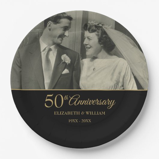 50ste Huwelijksjubileum Goud Zwart Foto Papieren Bordje (Voorkant)