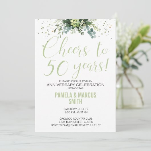 50ste huwelijksjubileum groene bloemrijke modern kaart (Staand voorkant)