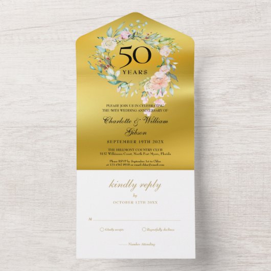 50ste huwelijksjubileum Monogram Bloem Goud All In One Uitnodiging (Binnen)