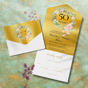 50ste huwelijksjubileum Monogram Bloem Goud All In One Uitnodiging