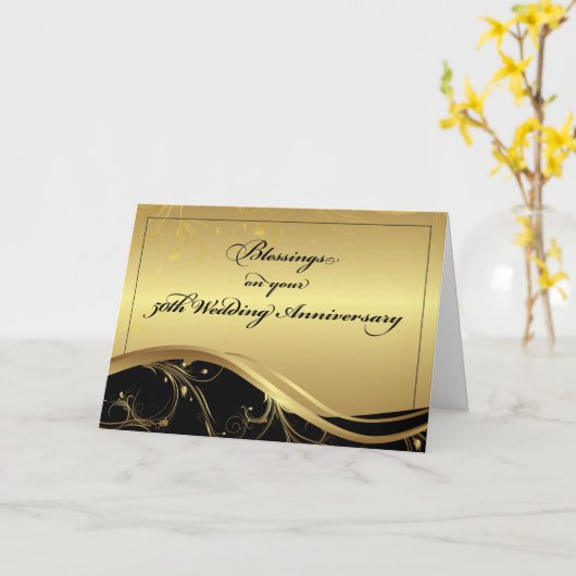 50ste Huwelijksjubileum Religieus, Zwart en Goud Kaart (Gele Bloem)