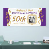 50ste huwelijksjubileum Uw foto paars goud Spandoek (Beurs)