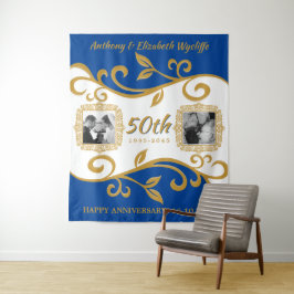 50ste huwelijksjubileum Voeg uw foto's toe Blauw G Wandkleed
