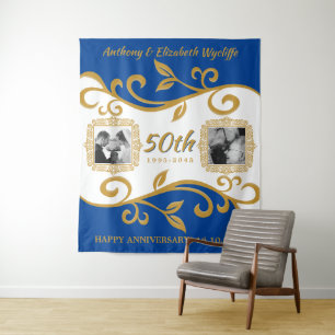 50ste huwelijksjubileum Voeg uw foto's toe Blauw G Wandkleed