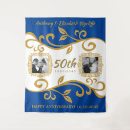 50ste huwelijksjubileum Voeg uw foto's toe Blauw G Wandkleed