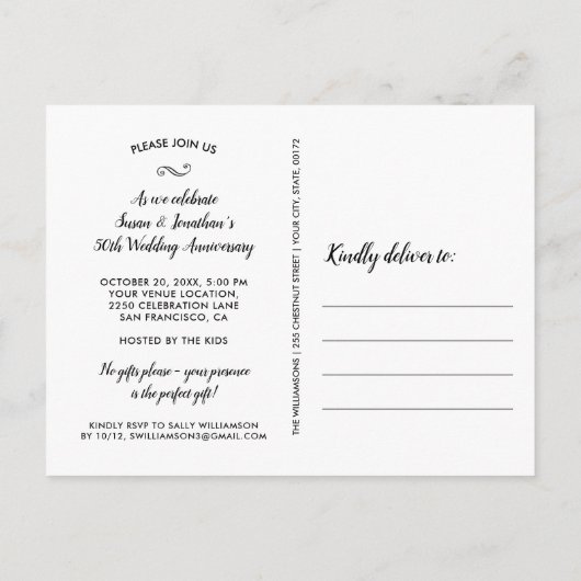 50ste huwelijksjubileumfeest, elk jaar, foto's briefkaart (Achterkant)