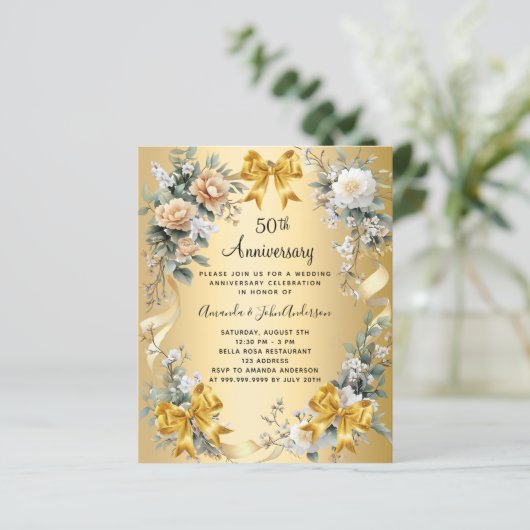 50ste huwelijksverjaardag Bloemengoud uitnodiging (Staand voorkant)