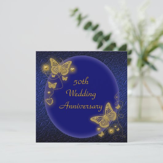 50ste huwelijksverjaardag elegante vlinder goud kaart (Staand voorkant)