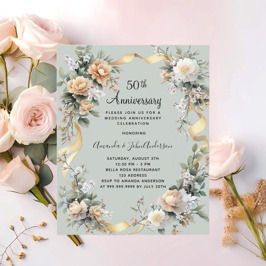 50ste huwelijksverjaardag Florals Gold Invitation