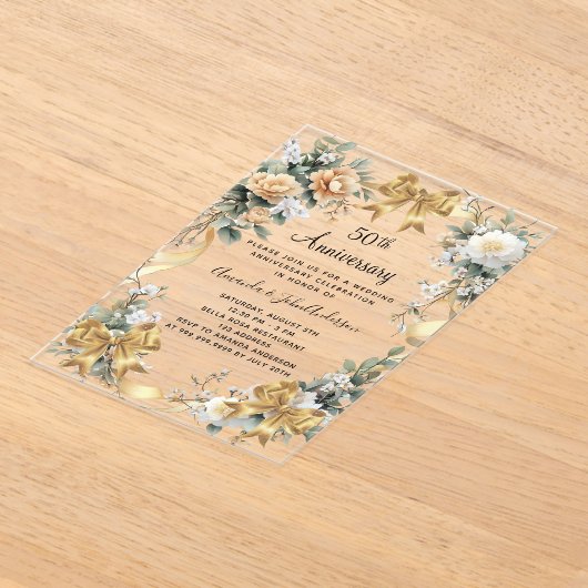 50ste huwelijksverjaardag gele bloemen gouden boge acryl uitnodigingen (Laagn)