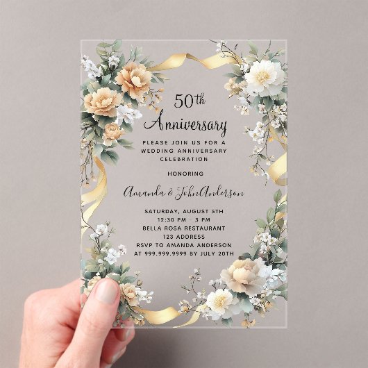 50ste huwelijksverjaardag Goud Geel Bloemen Clear Acryl Uitnodigingen (Insitu (Draagbaar))