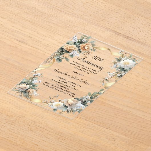 50ste huwelijksverjaardag Goud Geel Bloemen Clear Acryl Uitnodigingen (Laagn)
