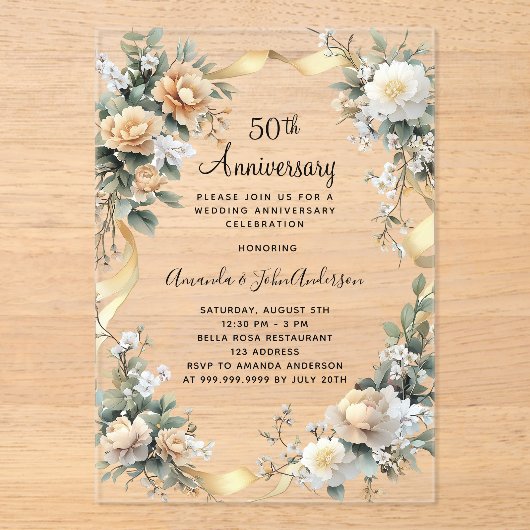 50ste huwelijksverjaardag Goud Geel Bloemen Clear Acryl Uitnodigingen (Voorkant)