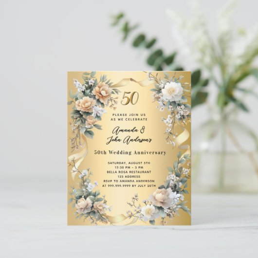 50ste huwelijksverjaardag gouden bloemen uitnodigi (Staand voorkant)