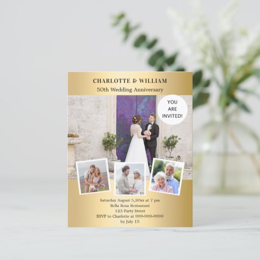50ste huwelijksverjaardag gouden foto uitnodiging (Staand voorkant)
