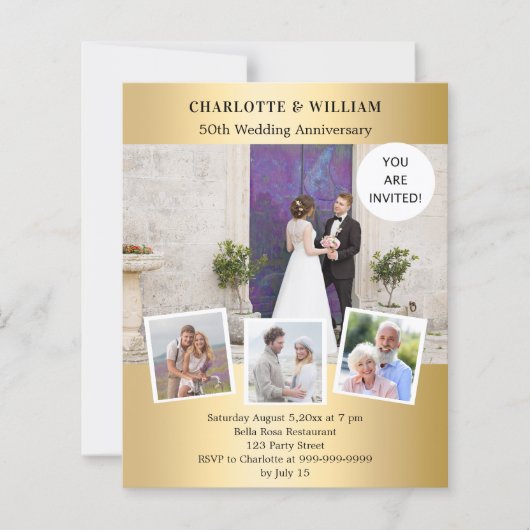 50ste huwelijksverjaardag gouden foto uitnodiging (Voorkant)