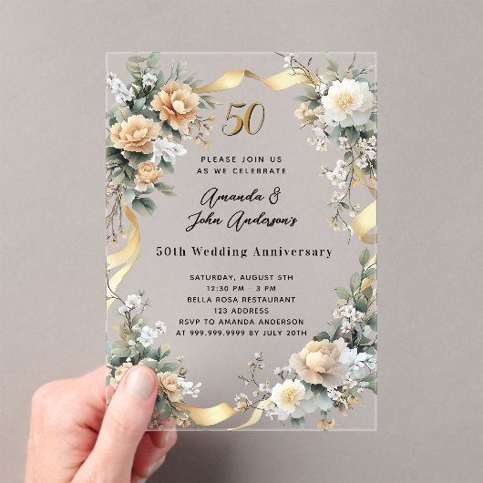 50ste huwelijksverjaardag Gouden gele bloemen Clea Acryl Uitnodigingen (Insitu (Draagbaar))