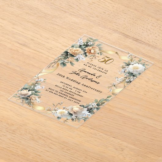 50ste huwelijksverjaardag Gouden gele bloemen Clea Acryl Uitnodigingen (Laagn)