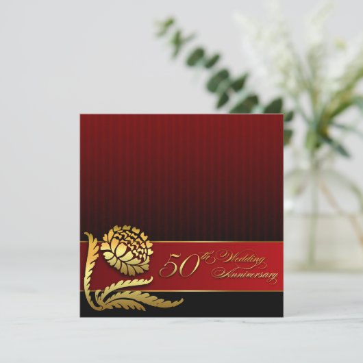 50ste huwelijksverjaardag rode gouden uitnodiginge kaart (Staand voorkant)