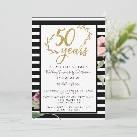 50ste huwelijksverjaardag Rood Roos Goud Glitters Kaart (Staand voorkant)