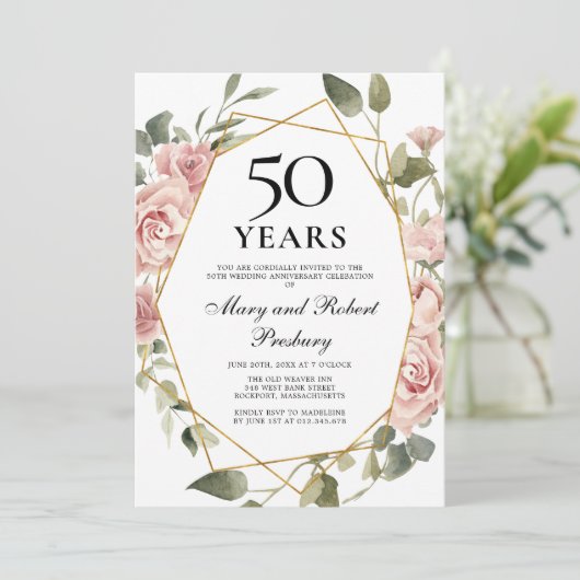 50ste huwelijksverjaardag Roze roos bloem Kaart (Staand voorkant)
