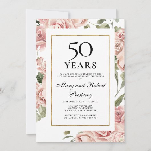 50ste huwelijksverjaardag Roze Roos Bloemstuk Kaart (Voorkant)