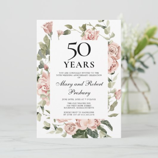50ste huwelijksverjaardag Roze Roos Bloemstuk Kaart (Staand voorkant)