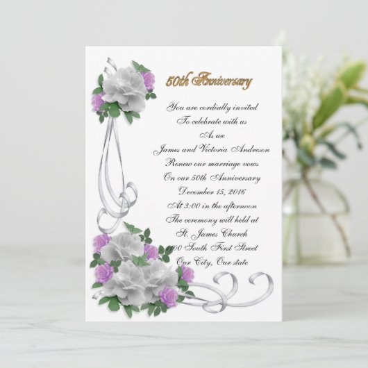 50ste huwelijksverjaardag Witte rozen uitnodiging (Staand voorkant)