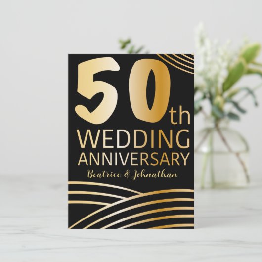 50ste huwelijksverjaardag Zwart & Goud Foto Kaart (Staand voorkant)