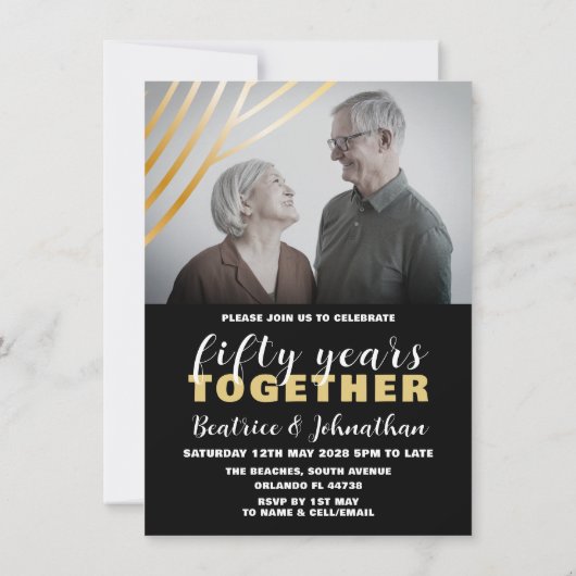 50ste huwelijksverjaardag Zwart & Goud Foto Kaart (Achterkant)