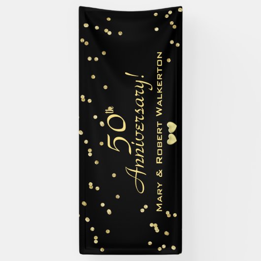 50ste huwelijksverjaardag Zwart met gouden harten Spandoek (Verticaal)