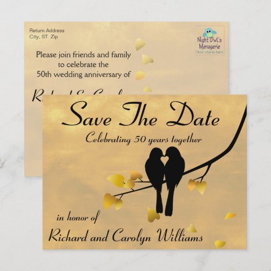 50ste Jubileum Lovebirds Save The Date Aankondigingskaart (Voorkant / Achterkant)