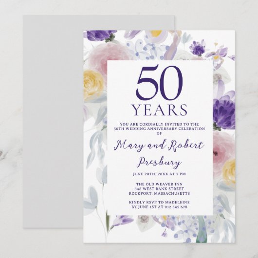 50ste Jubileum Paarse roze bloemen Kaart (Voorkant / Achterkant)