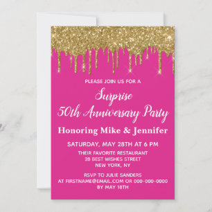 50ste Jubileum Surprise Party Bright Pink Gold Kaart