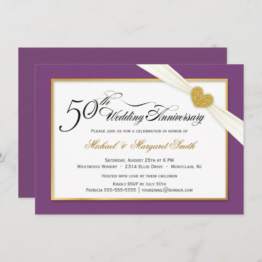 50ste Jubileum-uitnodigingen voor bruiloft - Paars Kaart (Voorkant / Achterkant)