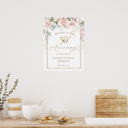 50ste Jubileum van het huwelijk Roze Roses Foliage Poster (Keuken)
