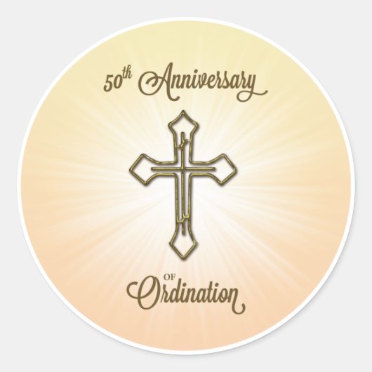 50ste Jubileum van Ordination, Gold Cross op Star Ronde Sticker (Voorkant)