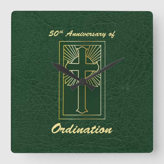 50ste Jubileum van Ordination Green Leather Vierkante Klok (Voorkant)