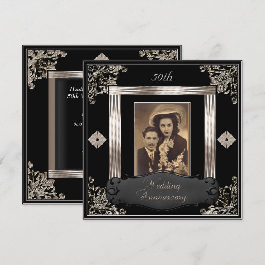 50ste Jubileum voor bruiloft Art Deco Black Sepia Kaart (Voorkant / Achterkant)