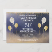 50ste Jubileum voor bruiloft, goud, blauw, wit Kaart (Voorkant)