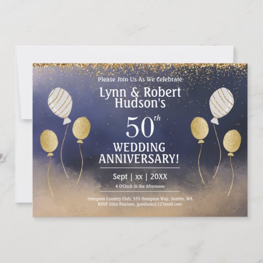 50ste Jubileum voor bruiloft, goud, blauw, wit Kaart (Voorkant)