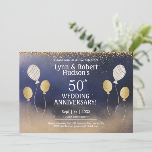 50ste Jubileum voor bruiloft, goud, blauw, wit Kaart (Staand voorkant)